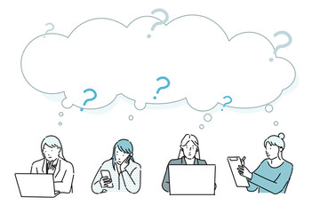 ビジネスパーソンー複数ー疑問ー上半身ー女性ー困ったー質問ーアイコンーシンプルベクターイラスト素材