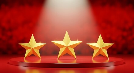 Three golden stars on a red stage under a spotlight, awards or ratings concept
