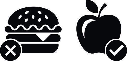 Healthy vs Unhealthy Food Choice Icon Set with Burger and Apple