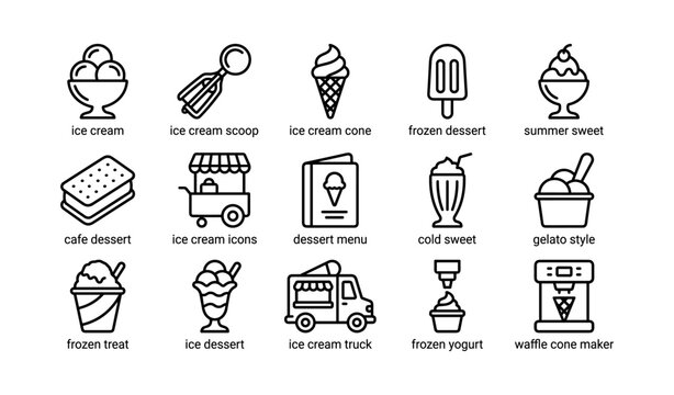 Variety of ice cream and frozen dessert icons in simple line art style