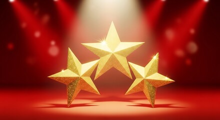 Three golden stars on a red stage with spotlights, sparkling, and blurred background