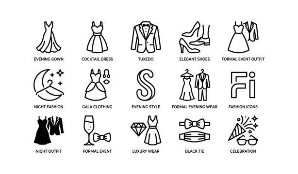 Elegant evening wear and accessories icon set for formal events