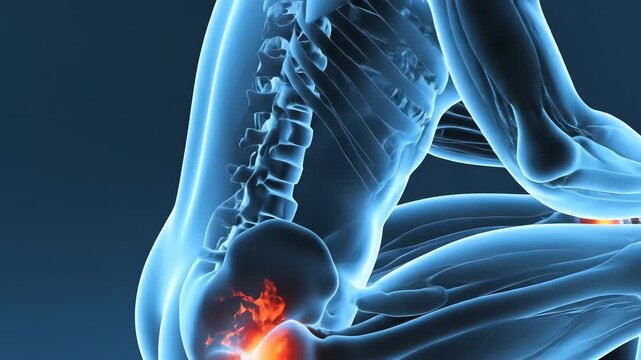 Digital Illustration of Human Skeleton with Inflamed Joints in Bright Blue Background