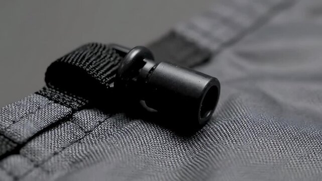 Black Plastic Cord Lock Adjuster on Gray Outdoor Fabric Closeup