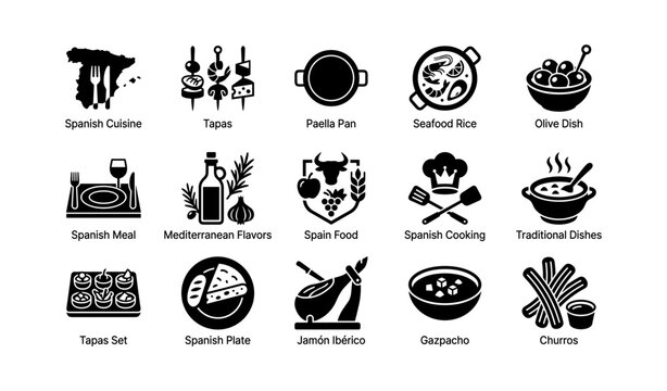 Traditional spanish cuisine icons featuring tapas, paella, and jam&oacute;n ib&eacute;rico