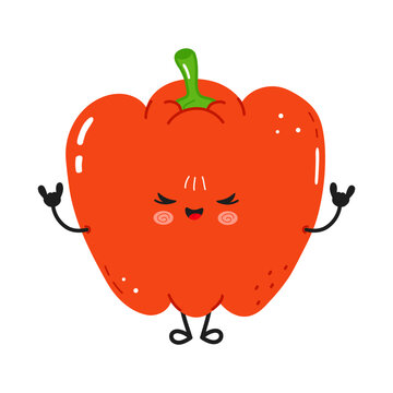 Red bell pepper cartoon character doing rock hand gesture