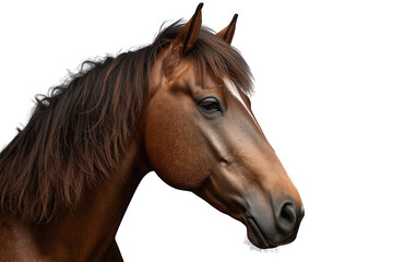 Fototapeta premium Chestnut horse head in profile with a white blaze, showing elegant features and a flowing mane, transparent background
