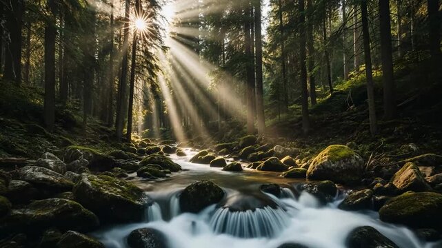 Sunbeams stream through a dense forest, illuminating a rocky stream flowing over moss-covered stones.