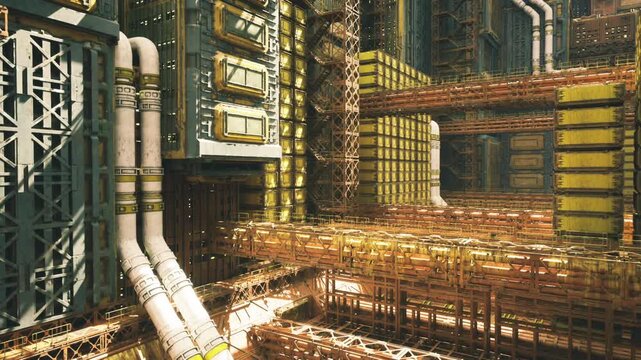 Sunlit industrial atrium with catwalks, golden highlights, open spatial rhythm, structural symmetry, reflective metal surfaces, elevated walkways, glowing