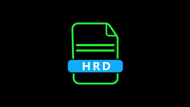 A minimalist green outline of a document file with the text HRD in a blue banner against a black background, representing a human resources document or file