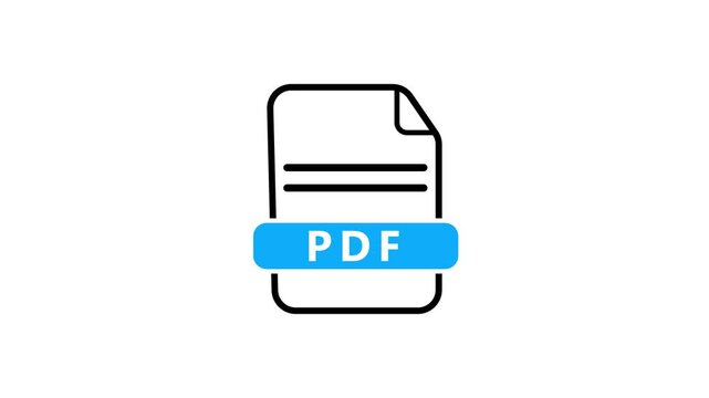 A minimalist black outline of a document file with the text PDF in a blue banner against a white background, representing the Portable Document Format file type