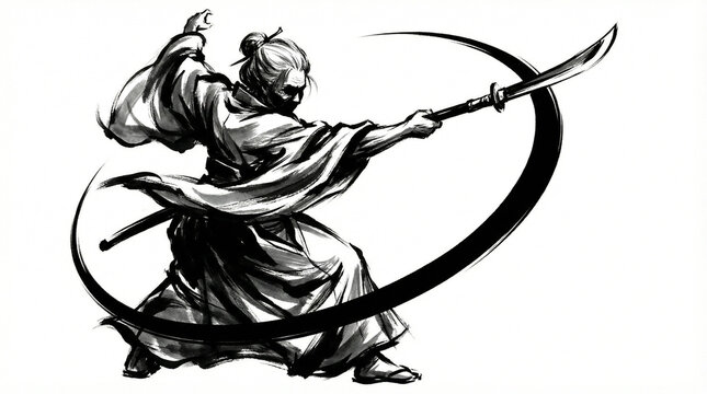 Ink wash illustration of a woman swinging a naginata polearm with a thick black ink trail