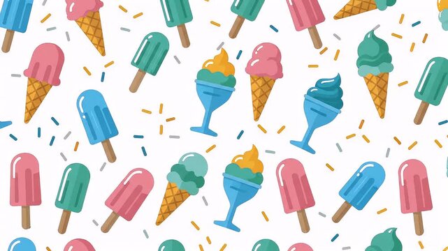 Colorful seamless pattern of frozen desserts. Features ice cream cones, popsicles, sundaes, and sprinkles on a white background, perfect for sweet summer designs
