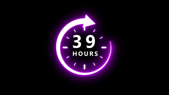 Thirty nine hours indicated by a glowing neon purple clock with a white circular arrow representing time flow on a black background
