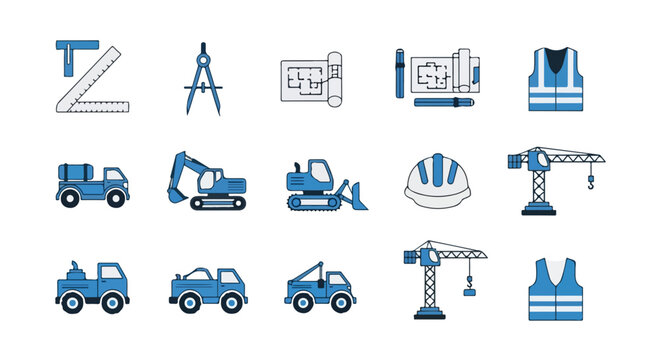 Vector icons in blue and grey illustrating construction and engineering tools, blueprints, heavy vehicles, safety gear, and cranes.