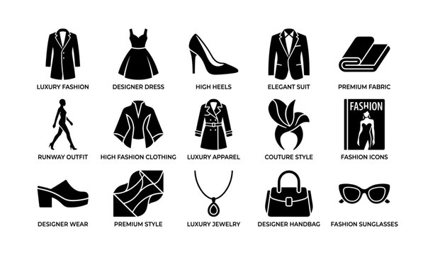 Luxury fashion icons featuring designer wear and couture style