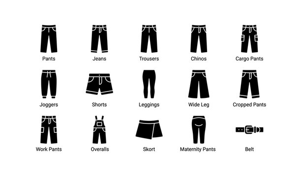 Variety of pants and bottoms: jeans, chinos, leggings, shorts, cargo, overalls, skort