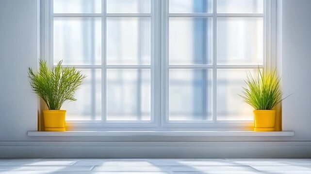 Window sill sanctuary: Two potted plants in yellow pots sit in front of the sunlit window, casting shadows on the surface, creating a peaceful and inviting scene
