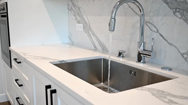 Modern kitchen sink with running water and marble countertop
