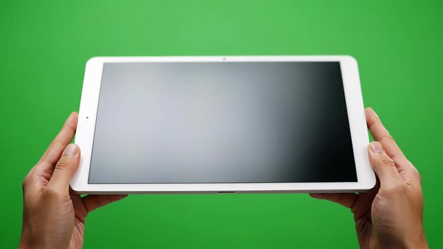 Hands holding a tablet computer horizontally with a blank screen on a green screen background, ready for compositing.