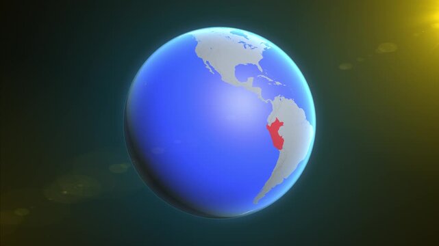 The animation shows a graphic representation of the earth and highlights the location and map of Peru colored red.
