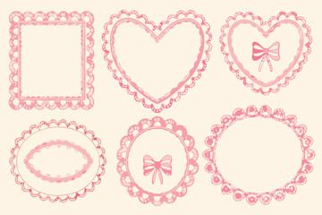 Pink decorative frames and hearts with ornate lacy edges displayed