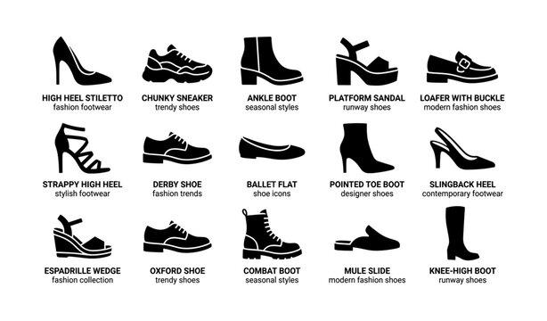 Footwear collection: stylish high heels, sneakers, boots, sandals, loafers, and mules