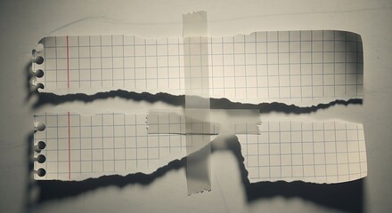 Torn and taped graph paper, partially translucent. Grid pattern, taped fragments