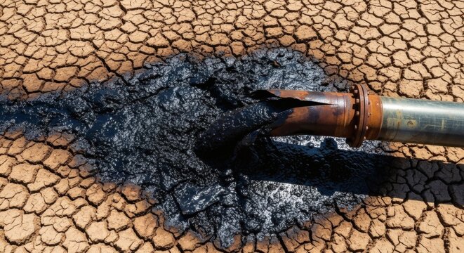 Rusted oil pipeline leaking black crude into dry cracked earth landscape