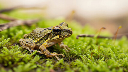 Fototapeta premium Close-up of a green frog on mossy ground with large black eyes