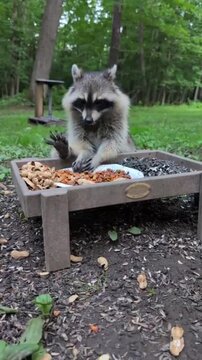 Funny close-up of a wild raccoon sitting at a ground bird feeder eating. The raccoon comically lifts one hind leg and rests it on the edge of the feeder while continuing to eat, displaying humor
