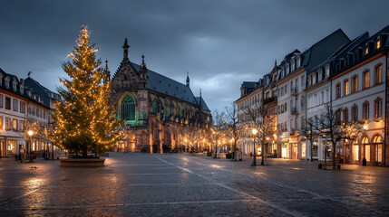 Obraz premium Christmas tree in town square at dusk