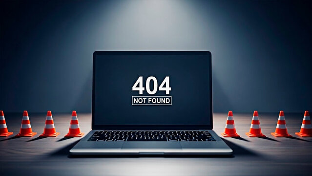 Laptop error 404 message and warning concept for broken technology.