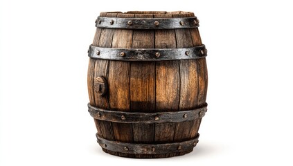 Obraz premium Detailed frontal view of a wooden barrel with metal hoops, isolated on a white background