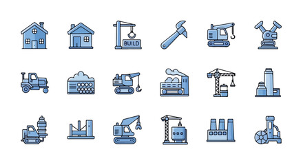 A vector set of 15 blue-themed cartoon icons illustrating various industrial machinery, construction equipment, and factory buildings. © Rayi
