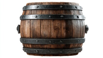 Obraz premium Rustic wooden barrel with metal bands and handles on a white background