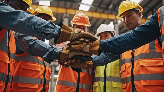 Diverse group of workers with hard hats and vests stacking hands