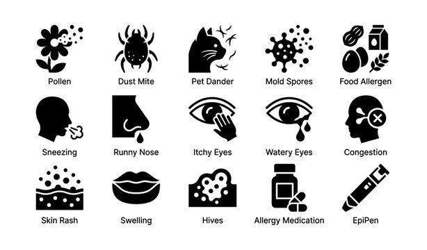 Allergy symptoms and triggers: icons of pollen, dust mite, pet dander, mold spores, and more
