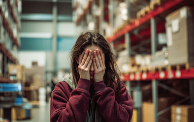 A person in a warehouse covers their face with their hands, surrounded by shelves filled with boxes and packages.