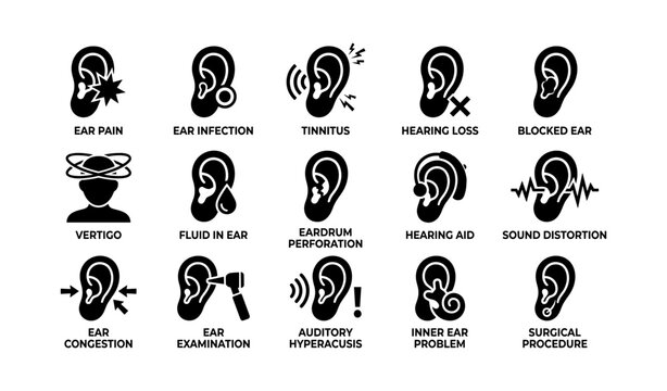 Ear health icons: common conditions and treatments visual guide