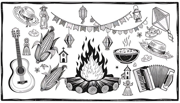 Set of items for Festa Junina and S&atilde;o Jo&atilde;o in black and white. Traditional Brazilian festival.
