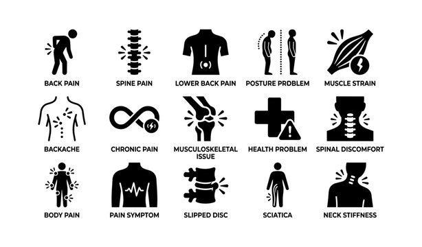 Body pain icons: spine, back, muscle, posture, discomfort symbols