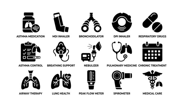 Respiratory health icons: inhaler, medication, nebulizer, spirometer, pulmonary therapy