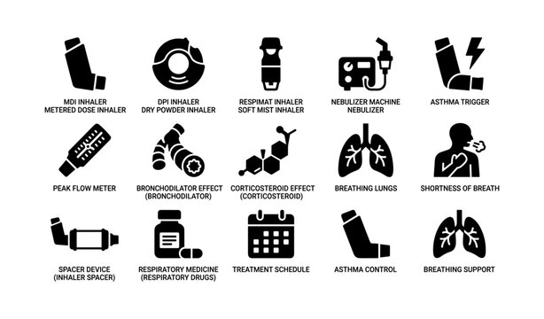Asthma management and treatment icons: inhalers, nebulizer, breathing techniques
