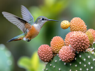 Fototapeta premium Hummingbird bird cactus flower nature nectar flight wildlife garden colorful Hummingbird bird near cactus flower nature feeding nectar during flight, wildlife scene with colorful detail and soft