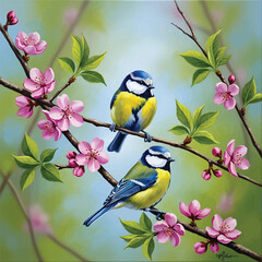 Blue Tits Perched on Pink Cherry Blossom Branch © ali