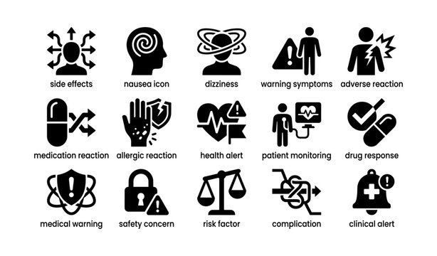 Health warnings and medication side effects icons set