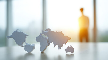 World map made of paper pieces on table with blurred person and sunlight in background creating hopeful mood