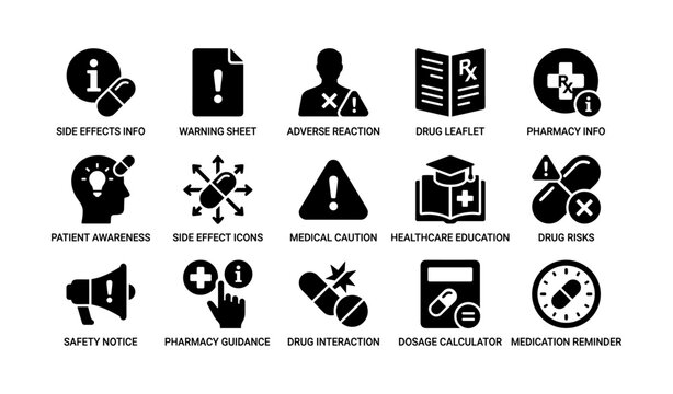 Medical icons on drug safety and dosage featuring warning sheets and pharmacy info