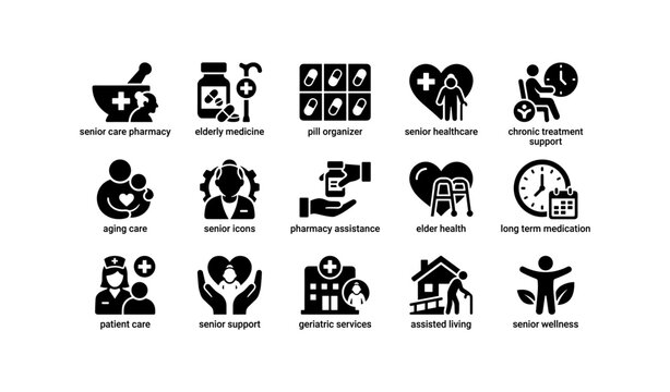 Senior care icons: healthcare, medicine, support, elderly, wellness services